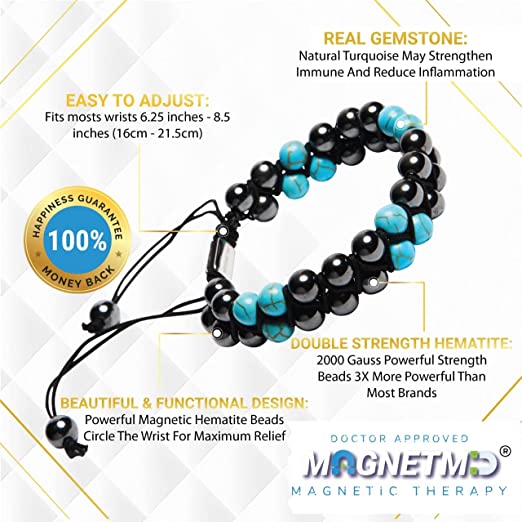 MagnetMD® Doctor-Approved Magnetic Therapy Double Hematite Beaded Bracelet - Maximum Strength Magnet Therapy 8MM - Best Magnetic Bracelet For Pain - One Size Fits All