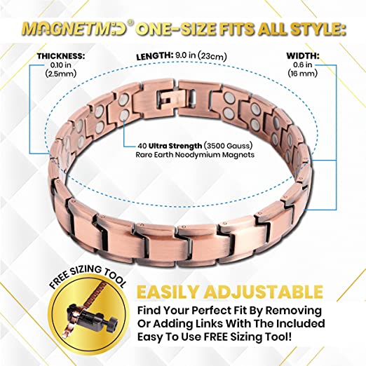 MagnetMD® Doctor-Approved Magnetic Bracelet Pure Copper Bracelet For Men Maximum Strength Magnets - Best Magnetic Bracelet For Pain Arthritis Carpal Tunnel Relief - Adjustable With Free Sizing Tool