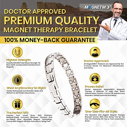 MagnetMD® Doctor-Approved Magnetic Bracelet For Women Magnetic Silver Titanium Health Jewelry Maximum Strength Magnets Best Magnetic Bracelet For Pain One Size Fits All - Magnet Pain Relief Bracelet
